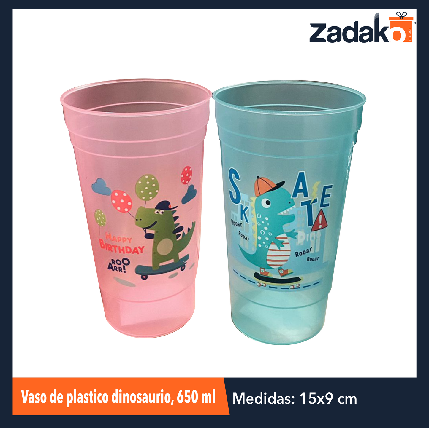 AD-3426 VASO DE PLASTICO DINOSAURIO, 650 ML,CON 1 PZ O CAJA CON 360 PZS
