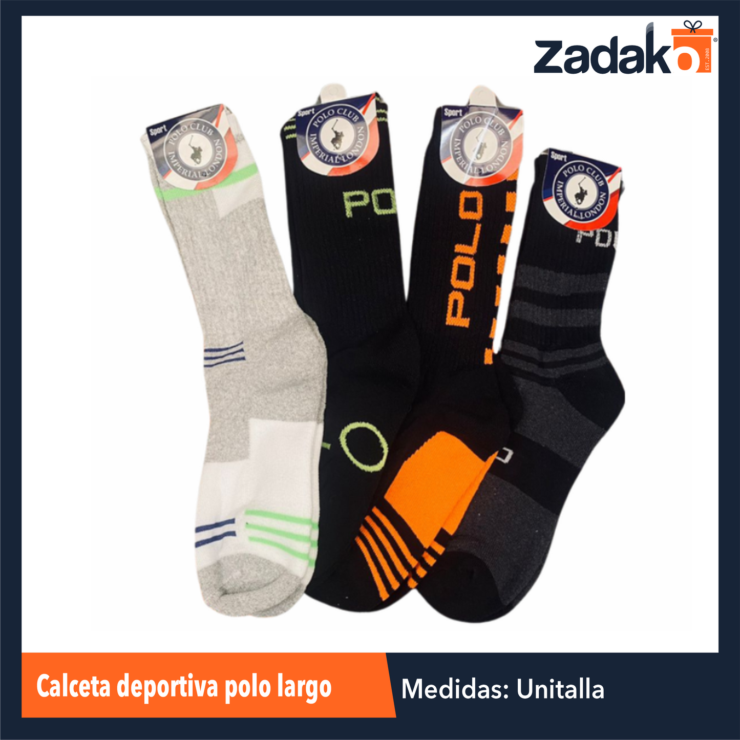 CALCETA DEPORTIVA POLO LARGO CON 1 PZ O CAJA CON 300 PZS