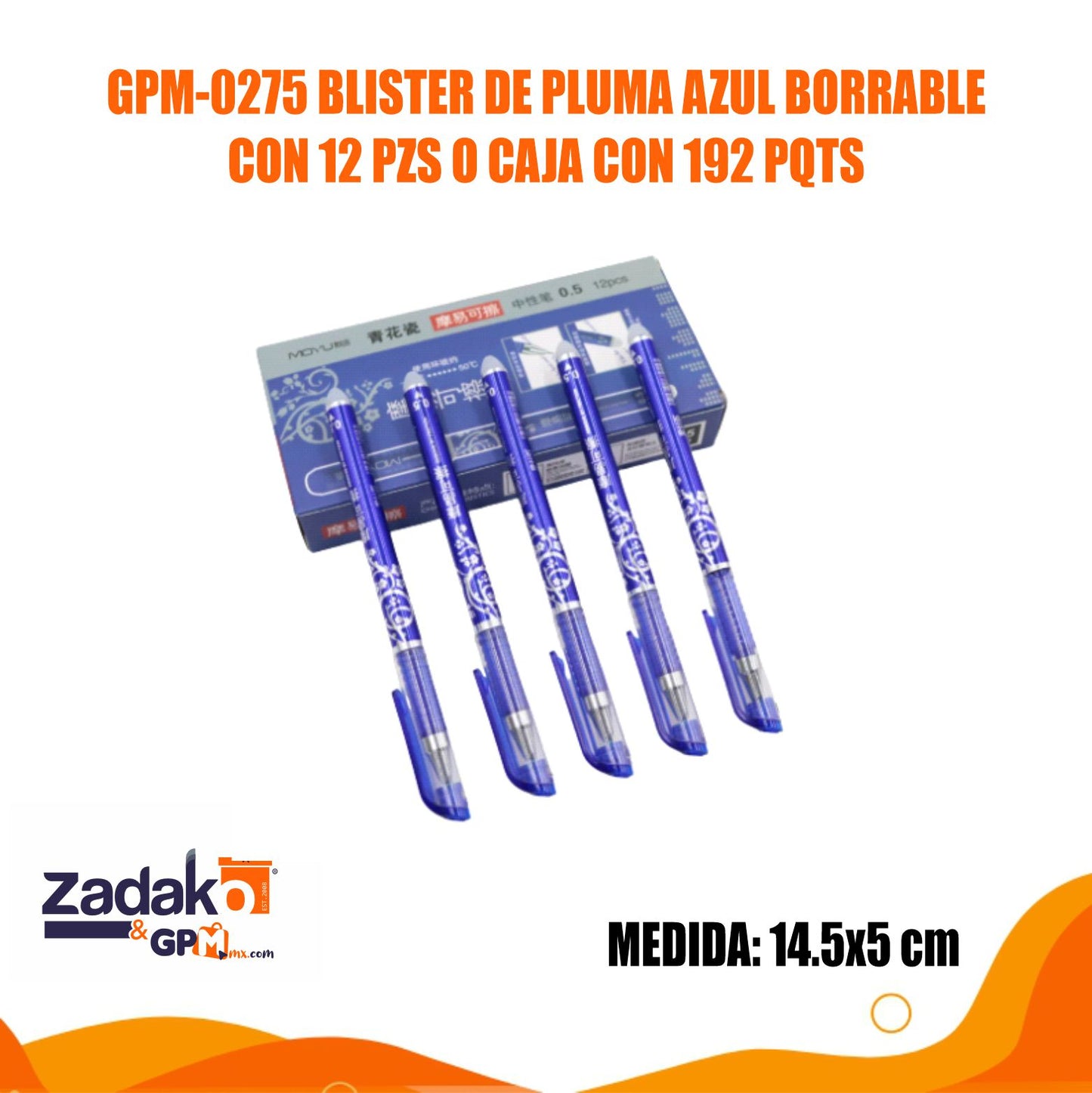 GPM-0275 BLISTER DE PLUMA AZUL BORRABLE CON 12 PZS O CAJA CON 192 PQTS