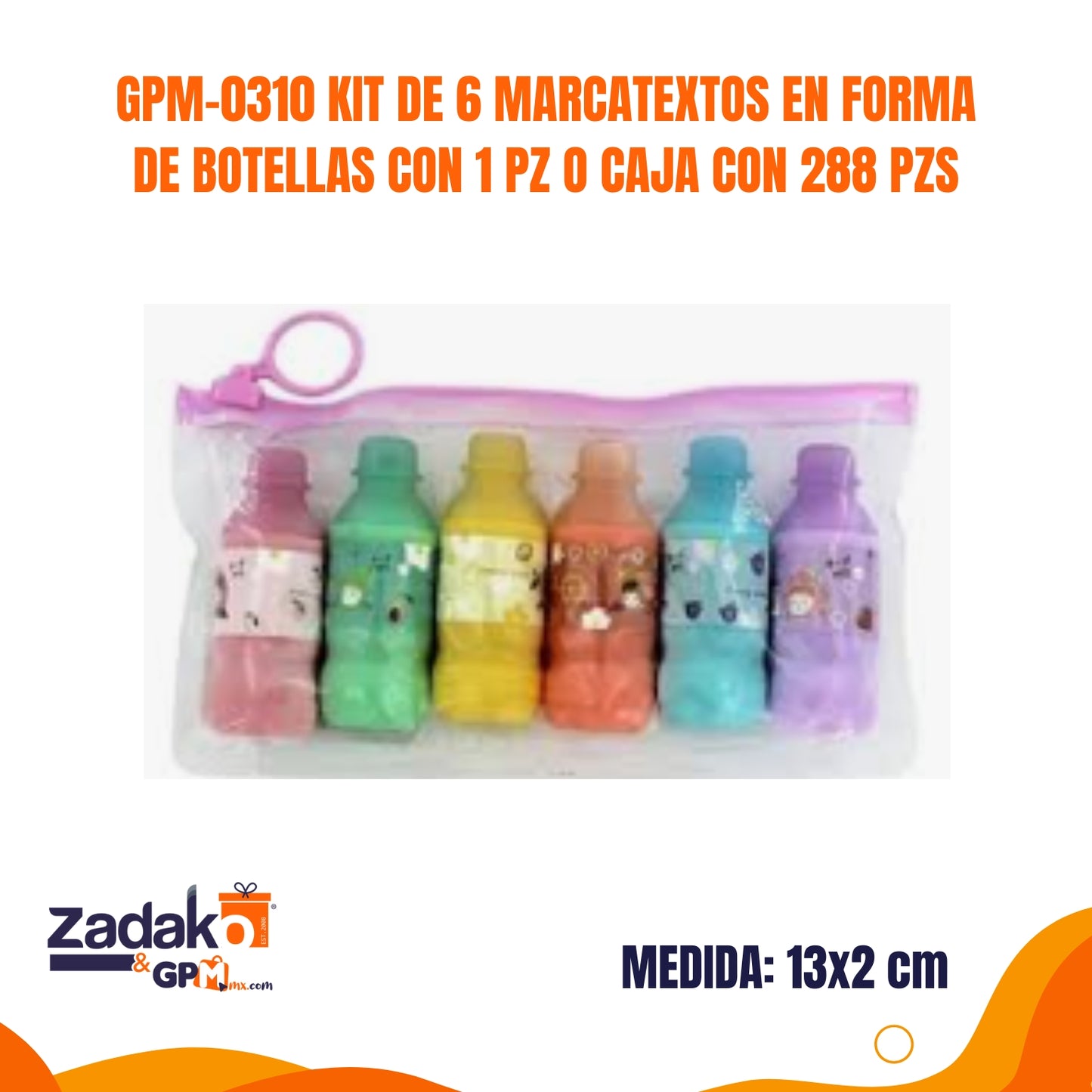 GPM-0310 KIT DE 6 MARCATEXTOS EN FORMA DE BOTELLAS CON 1 PZ O CAJA CON 288 PZS
