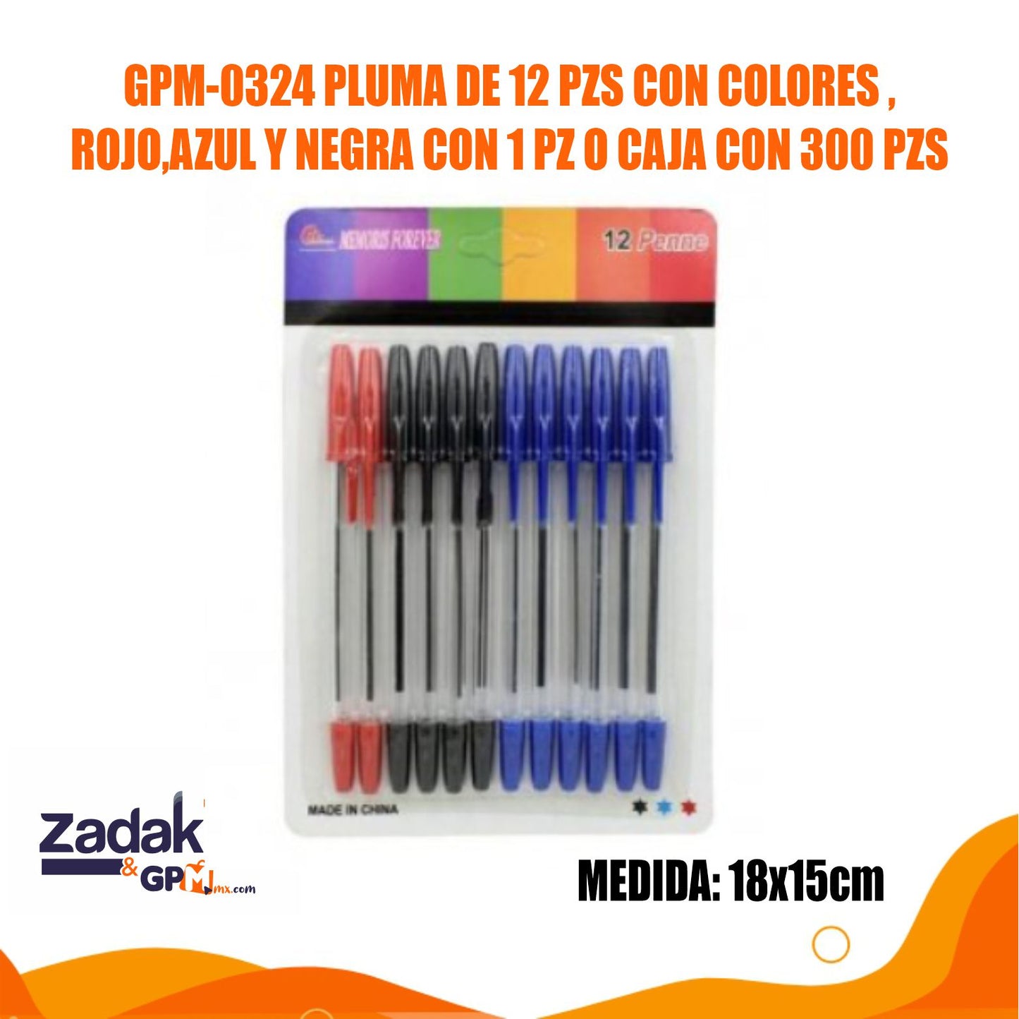 GPM-0324 PLUMA DE 12 PZS CON COLORES ,ROJO,AZUL Y NEGRA CON 1 PZ O CAJA CON 300 PZS