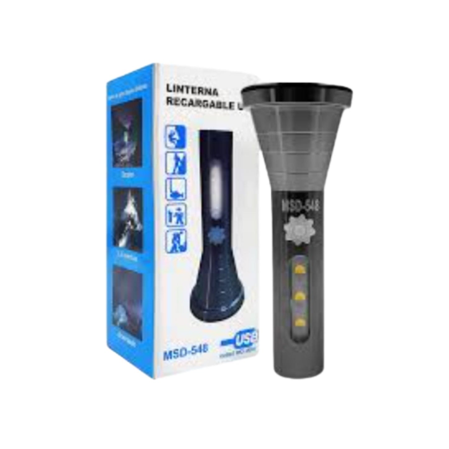 MSD-548 LINTERNA RECARGABLE USB CON 4 MODOS DE ILUMINACIÓN CON 1 PZ O CAJA CON 100 PZS