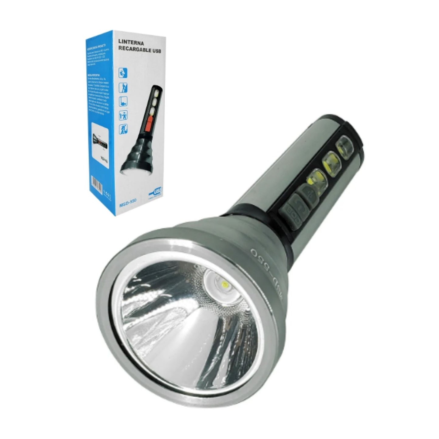 MSD-550 LINTERNA RECARGABLE CON 3 MODOS DE ILUMINACIÓN Y CABLE DE CARGA CON ENTRADA USB A TIPO C CON 1 PZ O CAJA CON 100 PZS