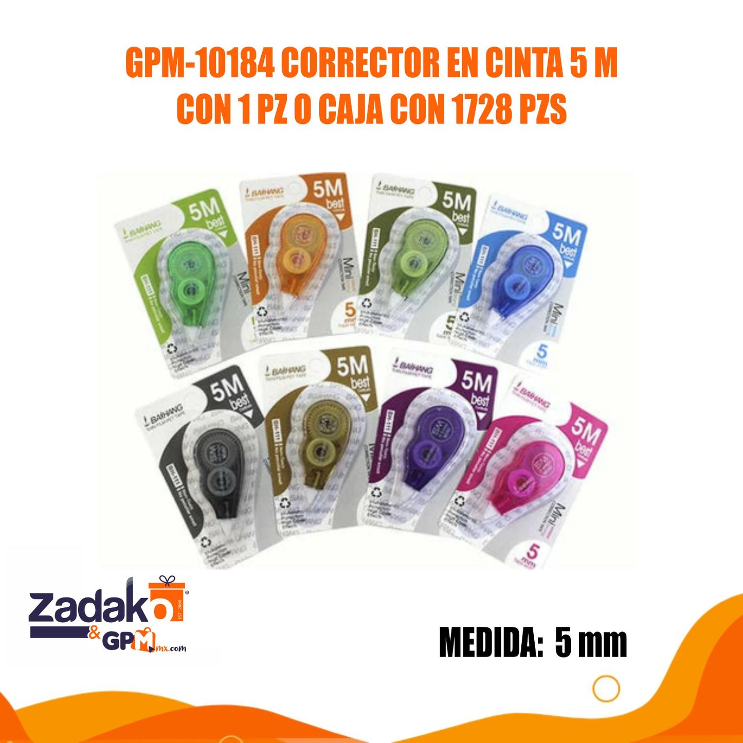 GPM-10184 CORRECTOR EN CINTA 5 M CON 1 PZ O CAJA CON 1728 PZS