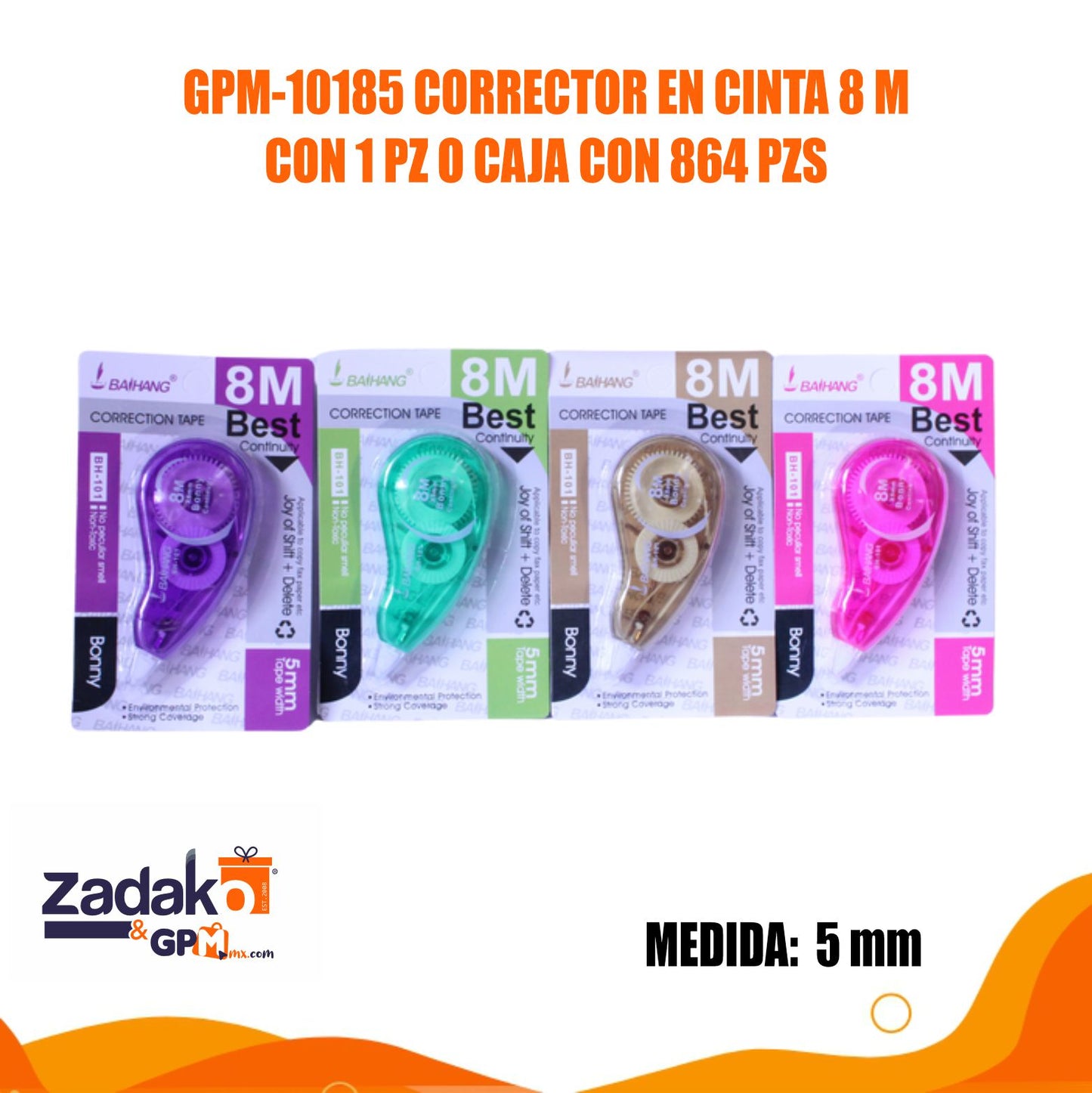 GPM-10185 CORRECTOR EN CINTA 8 M CON 1 PZ O CAJA CON 864 PZS