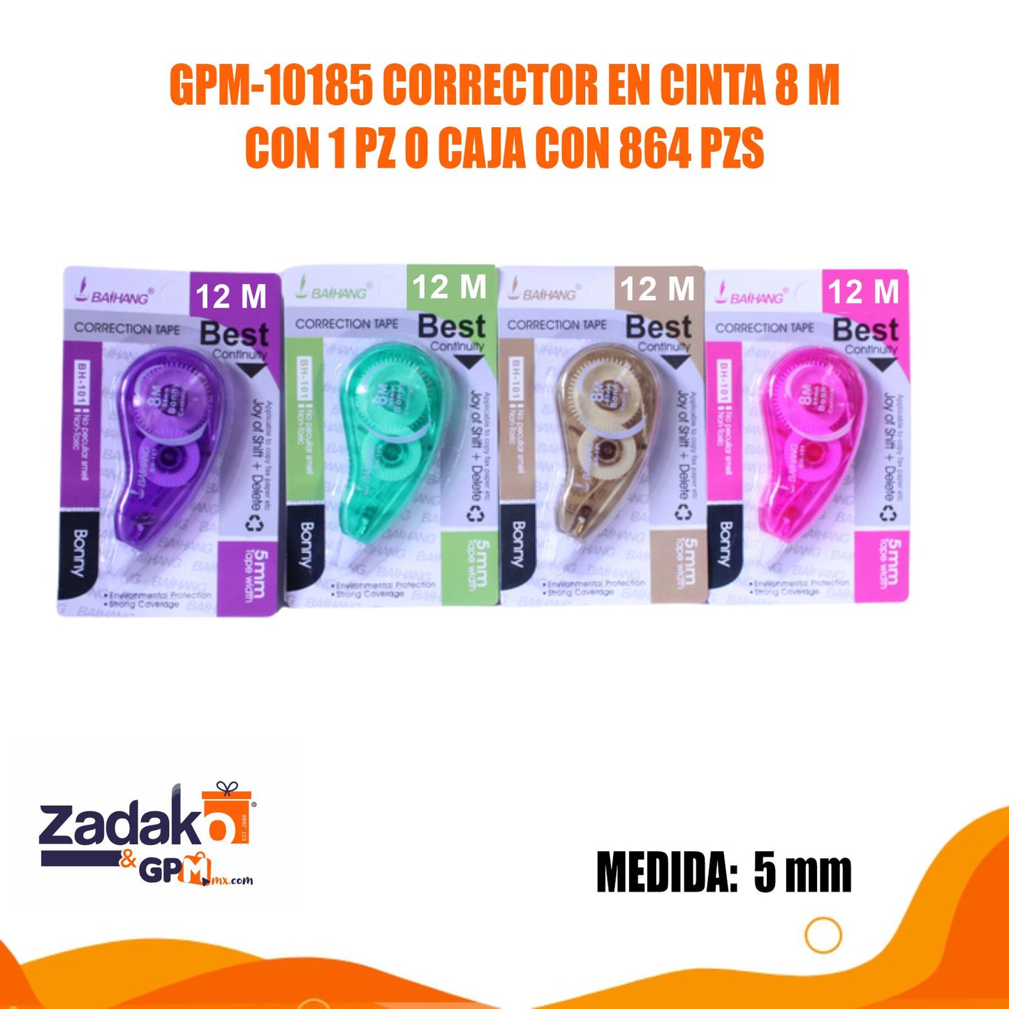 GPM-10186 CORRECTOR EN CINTA 12 M CON 1 PZ O CAJA CON 864 PZS