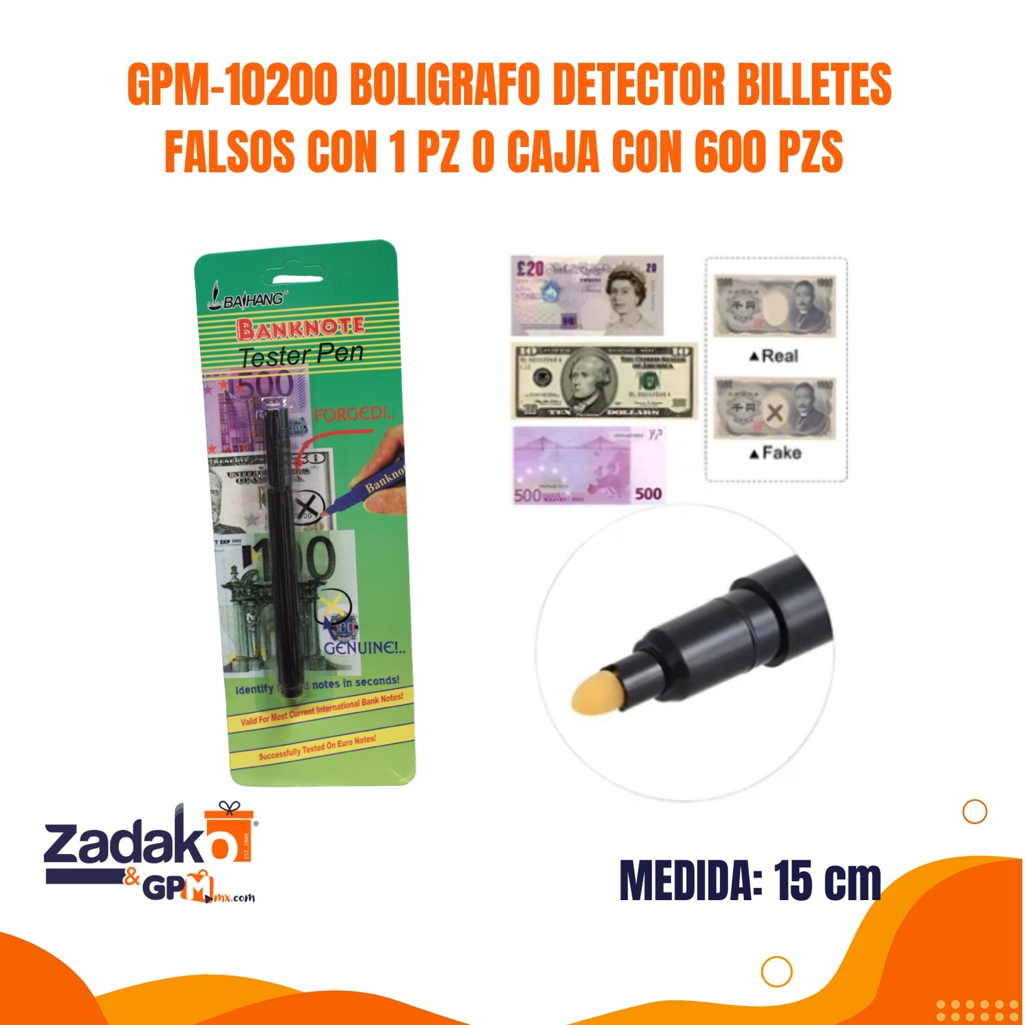 GPM-10200 BOLIGRAFO DETECTOR BILLETES FALSOS CON 1 PZ O CAJA CON 600 PZS