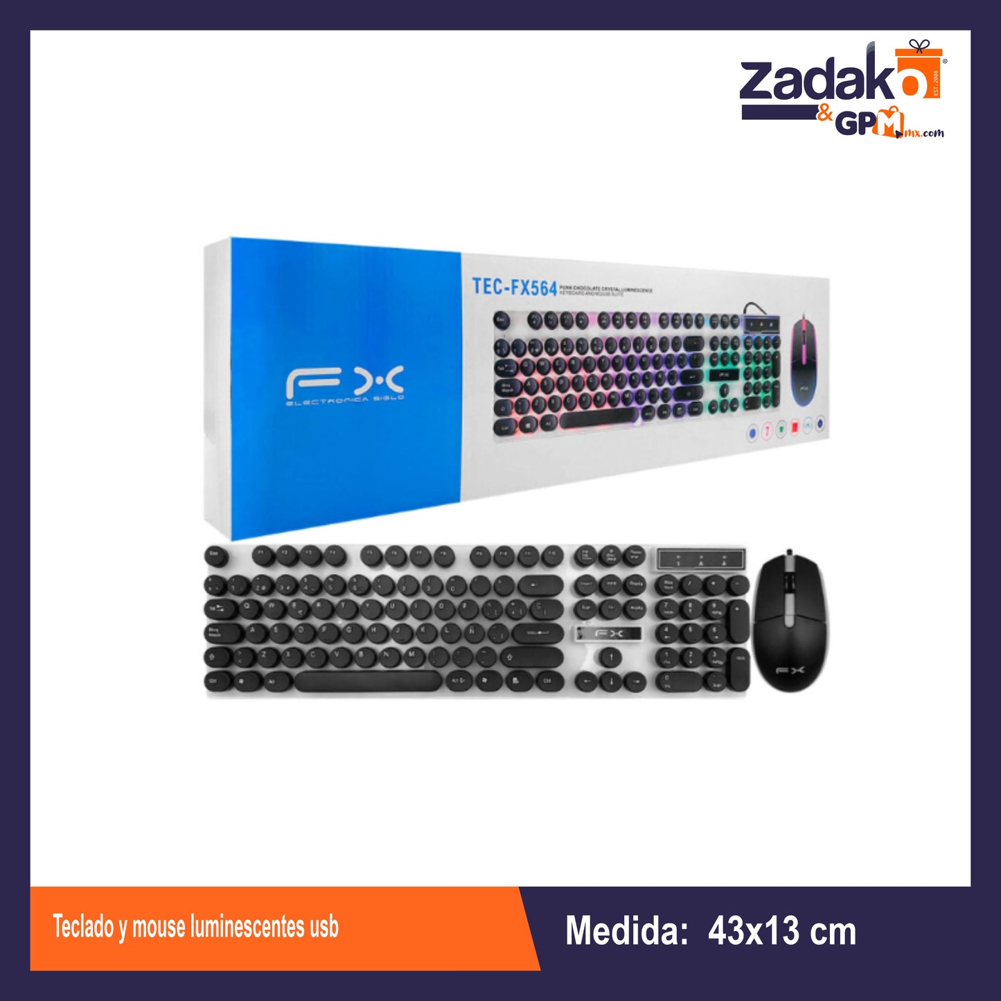 TEC-FX564 TECLADO Y MOUSE LUMINESCENTES USB CAJA CON 20 PZS