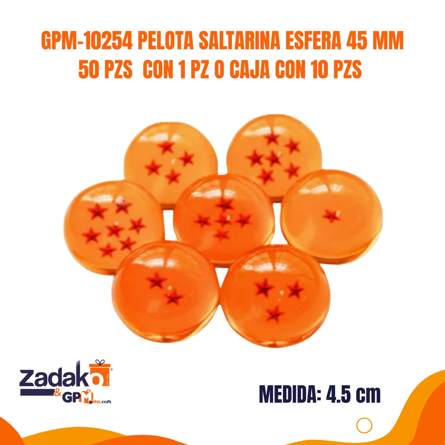 GPM-10254 PELOTA SALTARINA ESFERA 45 MM 50 PZS CON 1 PZ O CAJA CON 10 PZS