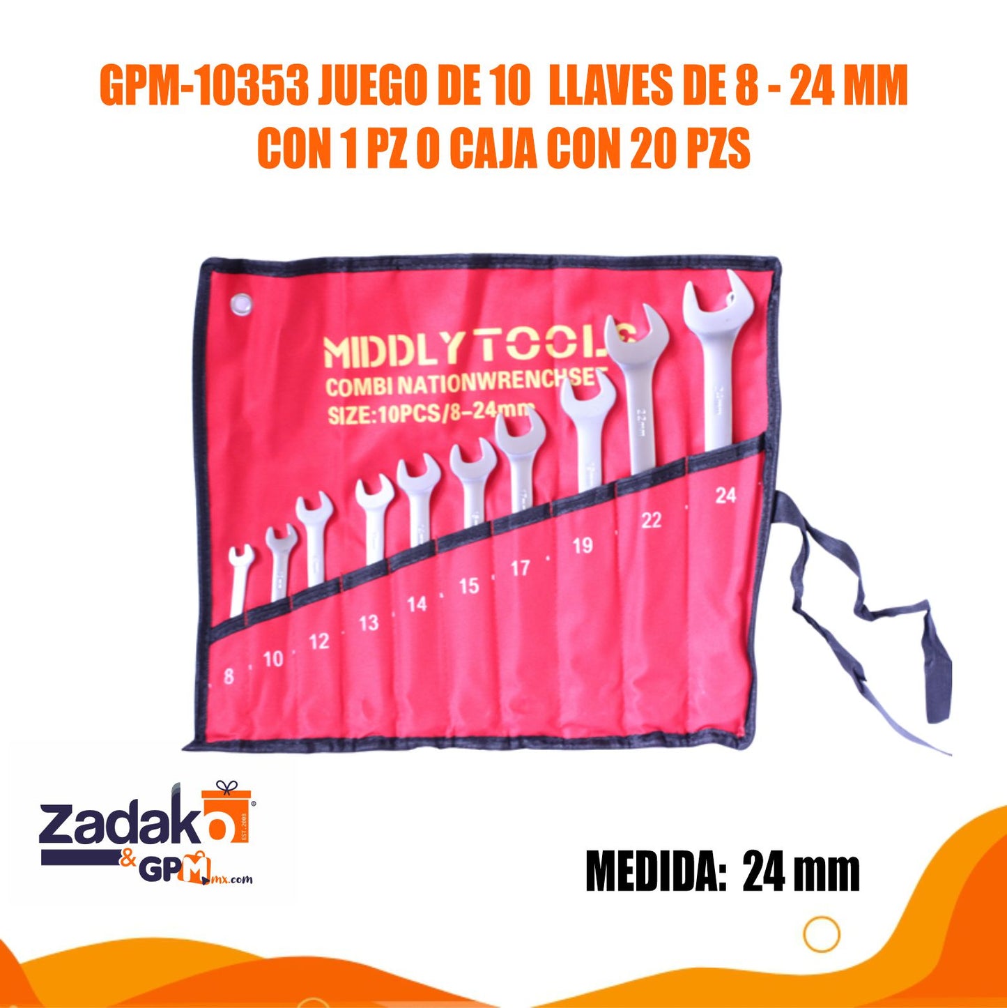 GPM-10353 JUEGO DE 10 LLAVES DE 8-24 MM CON 1 PZ O CAJA CON 20 PZS