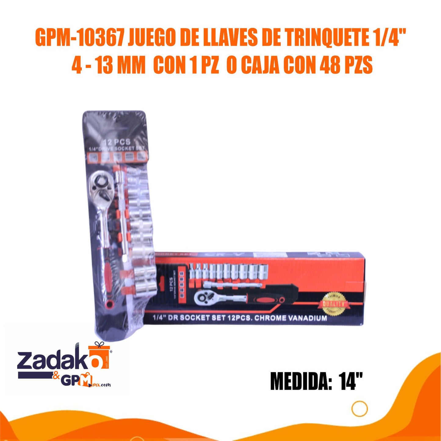GPM-10367 JUEGO DE LLAVES DE TRINQUETE UN CUARO DE PULGADA DE 4-13 MM CON 1 PZ O CAJA CON 48 PZS
