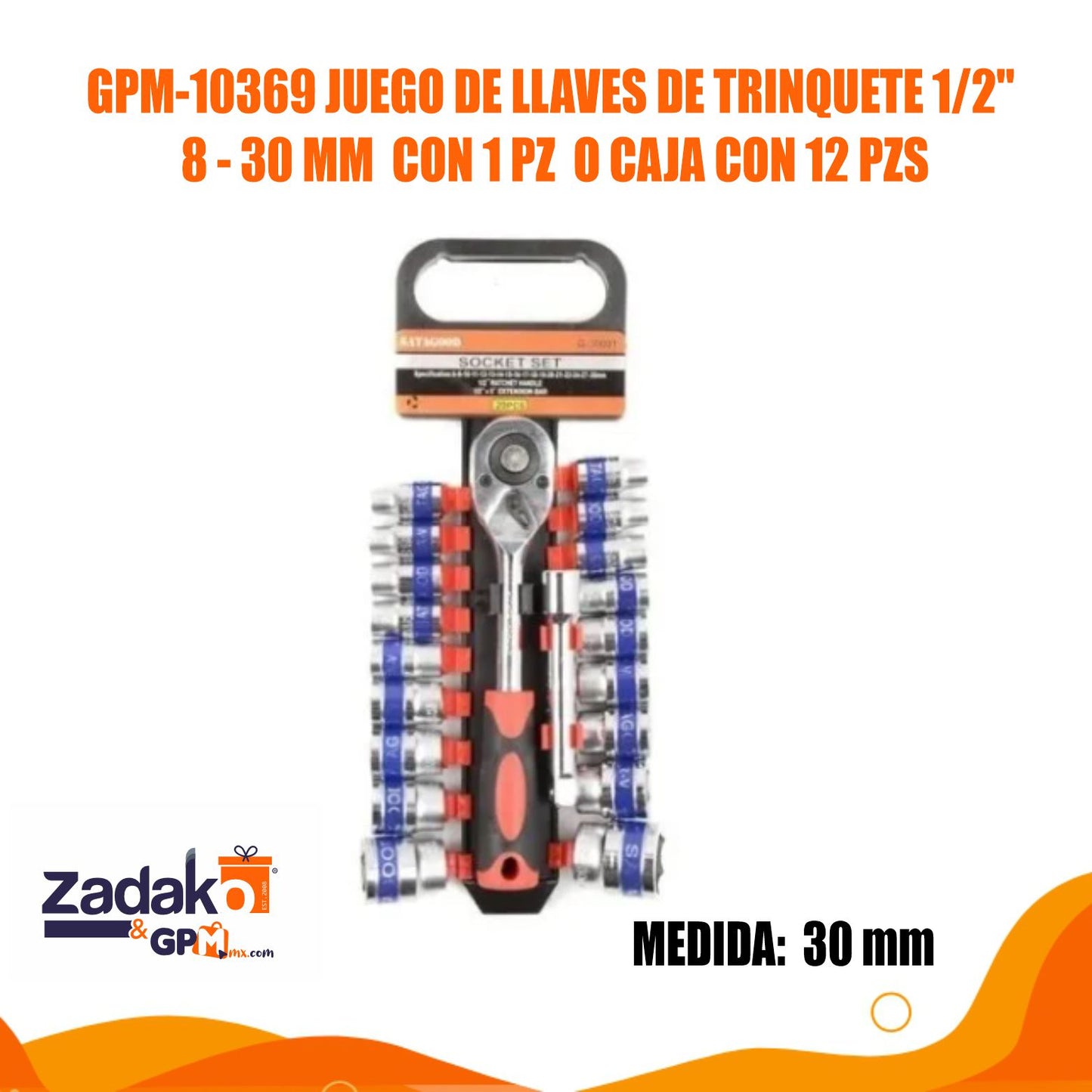 GPM-10369 JUEGO DE LLAVES DE TRINQUETE MEDIA PULGADA 8-30 MM CON 1 PZ O CAJA CON 12 PZS
