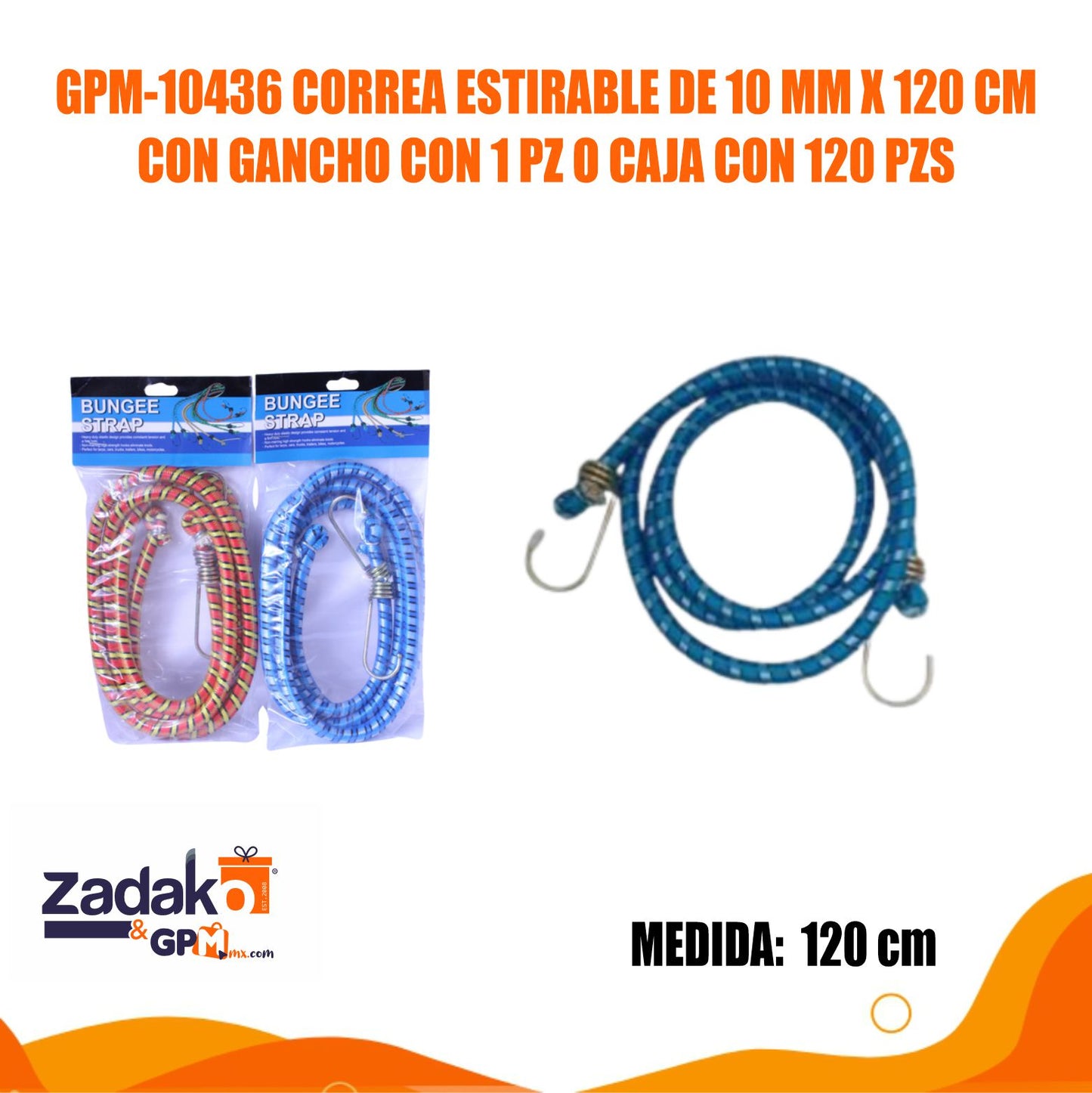 GPM-10436 CORREA ESTIRABLE DE 10 MM X 120 CM CON GANCHO CON 1 PZ O CAJA CON 120 PZS