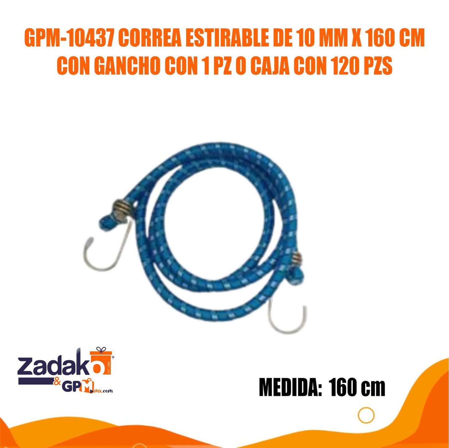 GPM-10437 CORREA ESTIRABLE DE 10 MM X 160 CM CON GANCHO CON 1 PZ O CAJA CON 120 PZS