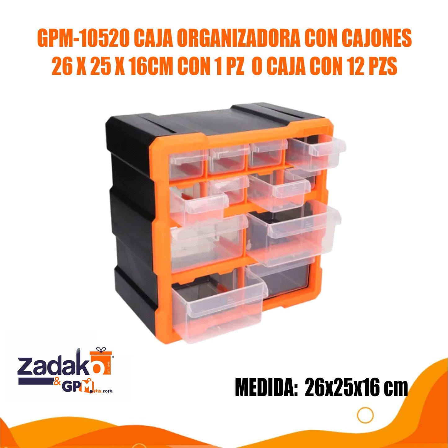 GPM-10520 CAJA ORGANIZADORA CON CAJONES 26x25x16CM CON 1 PZ  O CAJA CON 12 PZS