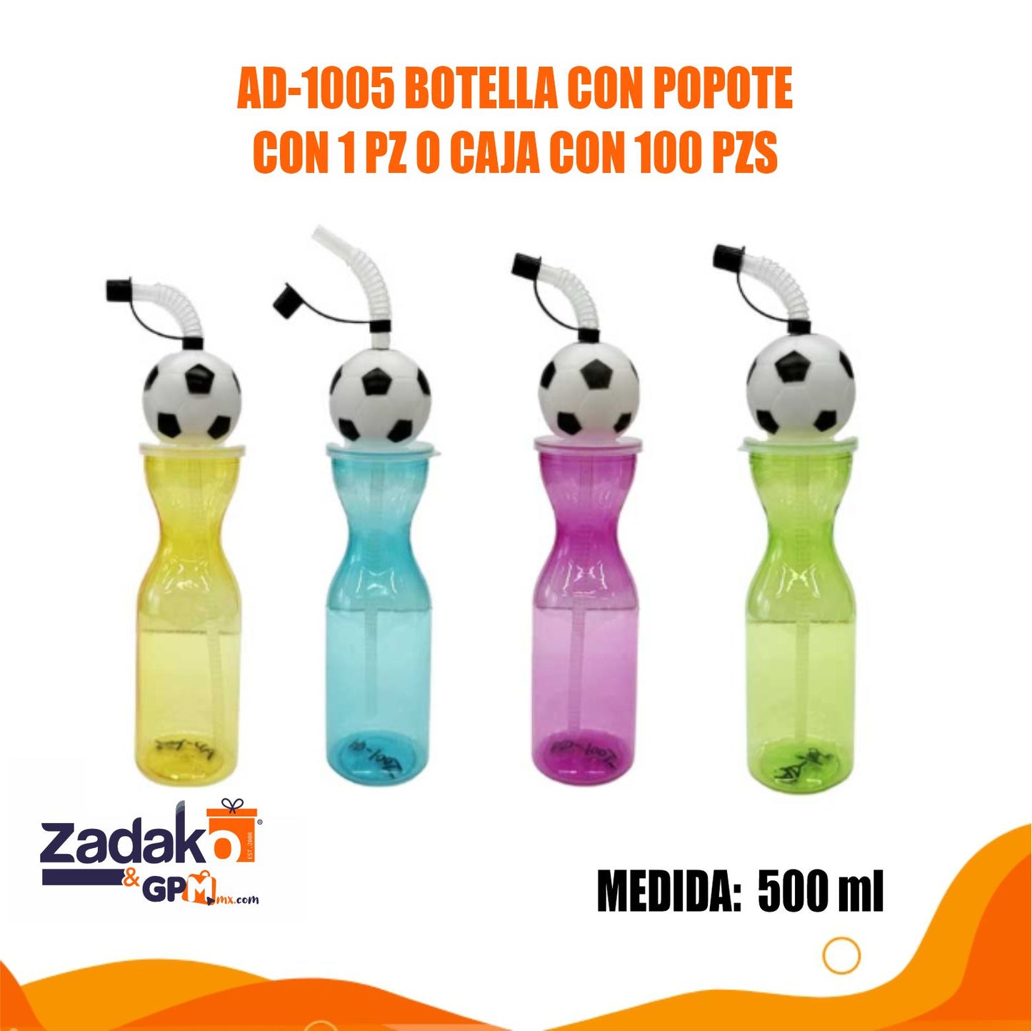 AD-1005 BOTELLA CON POPOTE CON 1 PZ O CAJA CON 100 PZS