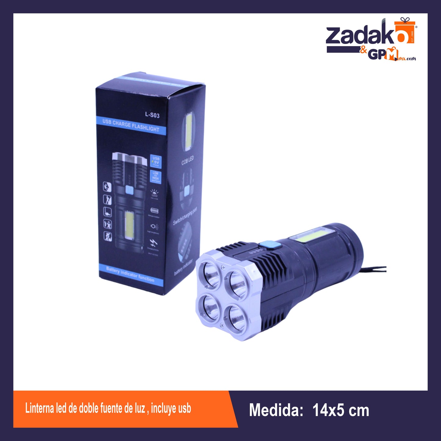 GPM-10710 LINTERNA LED DE DOBLE FUENTE DE LUZ , INCLUYE USB 14 X 5 CM CON 1 PZ O CAJA CON 160 PZS