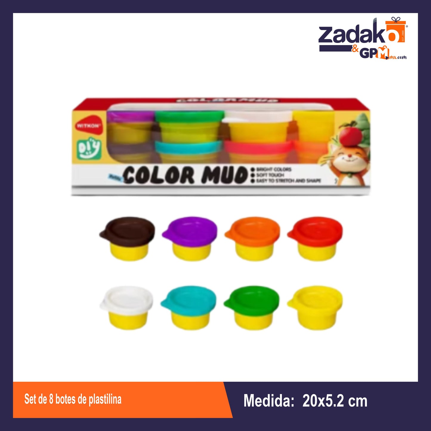 GPM-10858 SET DE 8 BOTES DE PLASTILINA CON 1 PQT O CAJA CON 96 PQTS