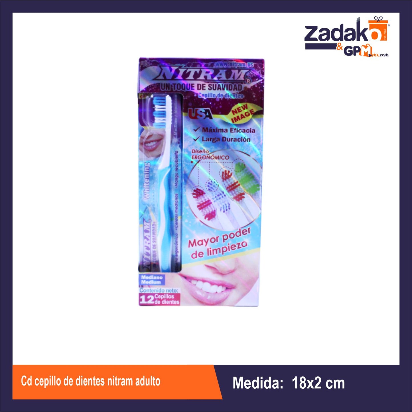 N-GPM-11008 CD CEPILLO DE DIENTES NITRAM ADULTO CON 12 PZS O CAJA CON 48 PQTS