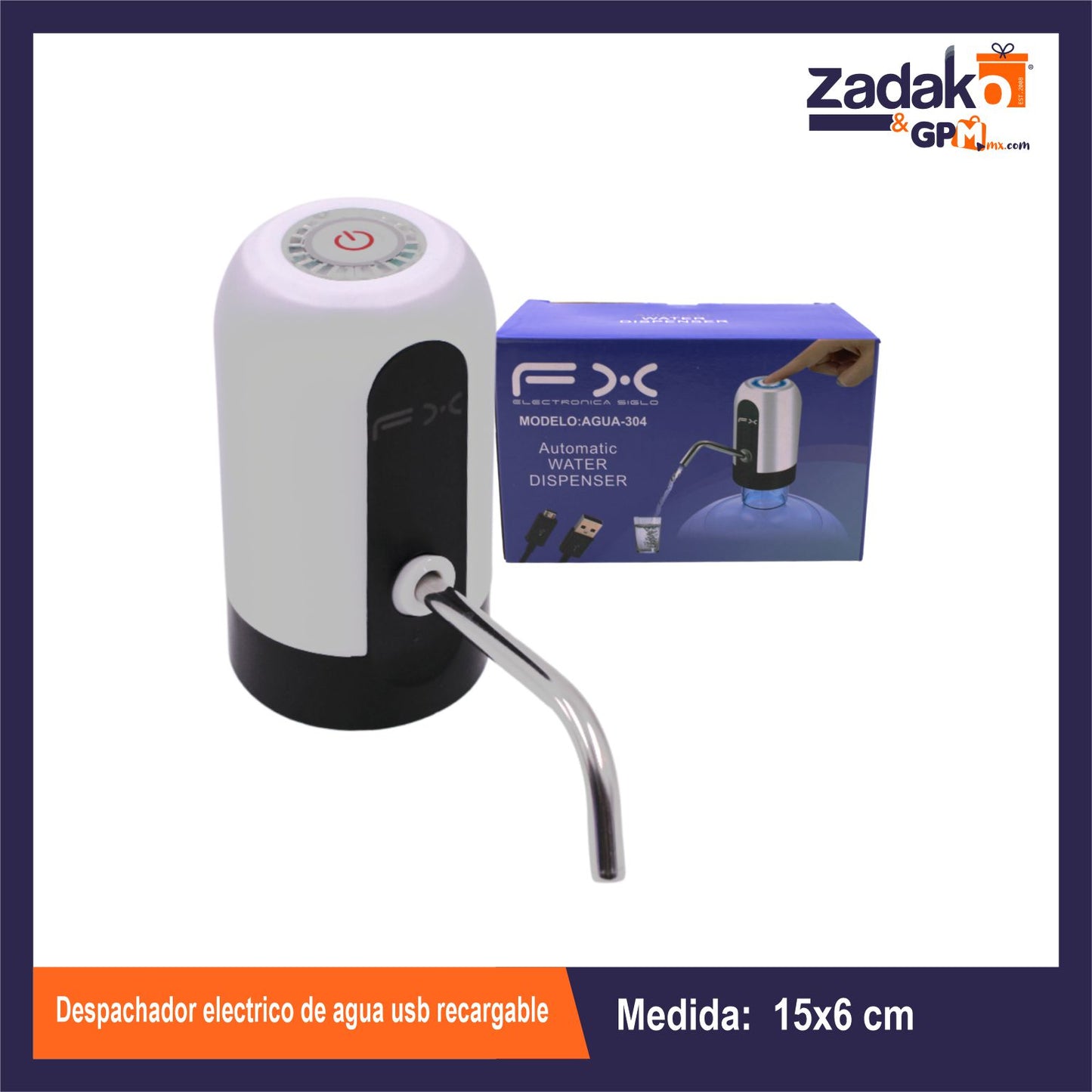 AGUA-304 DESPACHADOR ELECTRICO DE AGUA USB RECARGABLE CAJA CON 50 PZS