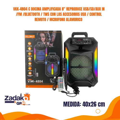 VKK-4804 C BOCINA AMPLIFICADA 8 PULG REPRODUCE USB, SD, AUX IN, FM, BLUETOOTH, TWS CON LOS ACCESORIOS USB, CONTROL REMOTO, MICROFONO ALAMBRICO, MEDIDAS UNITARIAS 30 CM X 26 CM X 40 CM CON 1 PZ