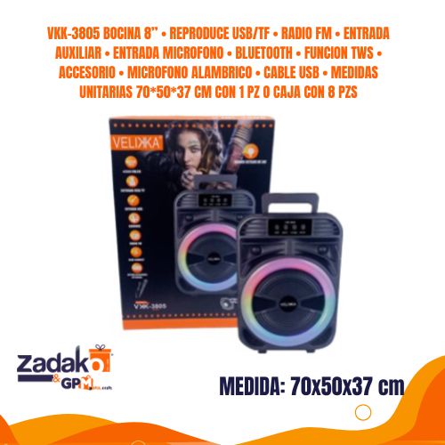VKK-3805 BOCINA 8 PULG, REPRODUCE USB TF , RADIO FM, ENTRADA AUXILIAR, ENTRADA MICROFONO, BLUETOOTH, FUNCION TWS, ACCESORIO, MICROFONO ALAMBRICO, CABLE USB, MEDIDAS UNITARIAS 70 X 50 X 37 CM CON 1 PZ O CAJA CON 8 PZS