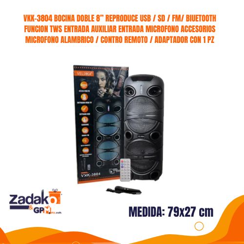 VKK-3804 BOCINA DOBLE 8 PULGADAS REPRODUCE USB SD FM BlUETOOTH FUNCION TWS ENTRADA AUXILIAR ENTRADA MICROFONO ACCESORIOS MICROFONO ALAMBRICO CONTRO REMOTO ADAPTADOR CON 1 PZ