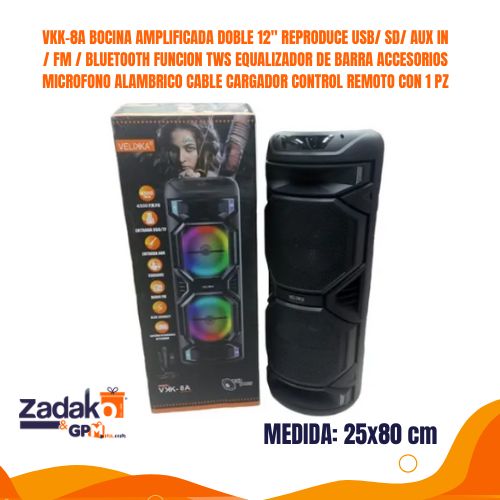 VKK-8A BOCINA AMPLIFICADA DOBLE 12 PULGADAS REPRODUCE USB SD AUX IN FM BLUETOOTH FUNCION TWS EQUALIZADOR DE BARRA ACCESORIOS MICROFONO ALAMBRICO CABLE CARGADOR CONTROL REMOTO CON 1 PZ