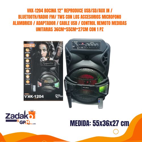 VKK-1204 BOCINA 12 PULGADAS REPRODUCE USB SD AUX IN BLUETOOTH RADIO FM TWS CON LOS ACCESORIOS MICROFONO ALAMBRICO ADAPTADOR CABLE USB CONTROL REMOTO MEDIDAS UNITARIAS 36CM*55CM*27CM CON 1 PZ