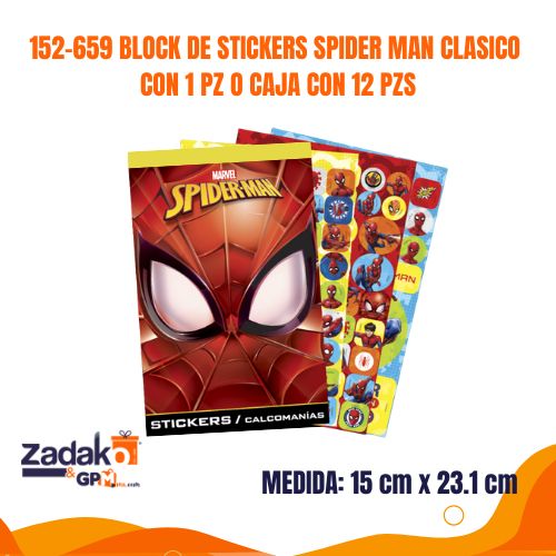 152-659 BLOCK DE STICKERS SPIDER MAN CLASICO CON 1 PZ O CAJA CON 12 PZS