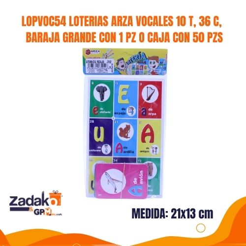 LOPVOC54 LOTERIAS ARZA VOCALES 10 T, 36 C, BARAJA GRANDE CON 1 PZ O CAJA CON 50 PZS
