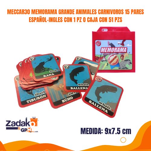 MECCAR30 MEMORAMA GRANDE ANIMALES CARNIVOROS 15 PARES ESPAÑOL-INGLES CON 1 PZ O CAJA CON 51 PZS