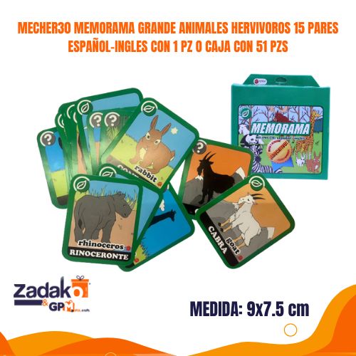MECHER30 MEMORAMA GRANDE ANIMALES HERVIVOROS 15 PARES ESPAÑOL-INGLES CON 1 PZ O CAJA CON 51 PZS