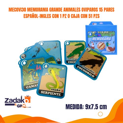 MECOVI30 MEMORAMA GRANDE ANIMALES OVIPAROS 15 PARES ESPAÑOL-INGLES CON 1 PZ O CAJA CON 51 PZS
