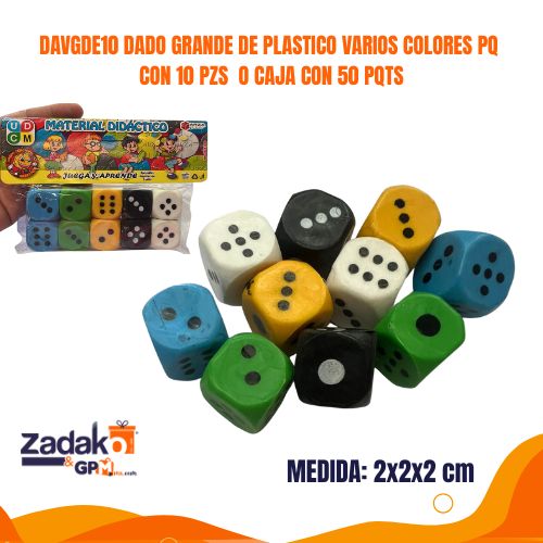 DAVGDE10 DADO GRANDE DE PLASTICO VARIOS COLORES PQ CON 10 PZS O CAJA CON 50 PQTS