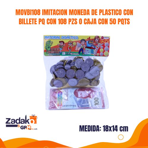 MOVBI108 IMITACION MONEDA DE PLASTICO CON BILLETE PQ CON 108 PZS O CAJA CON 50 PQTS
