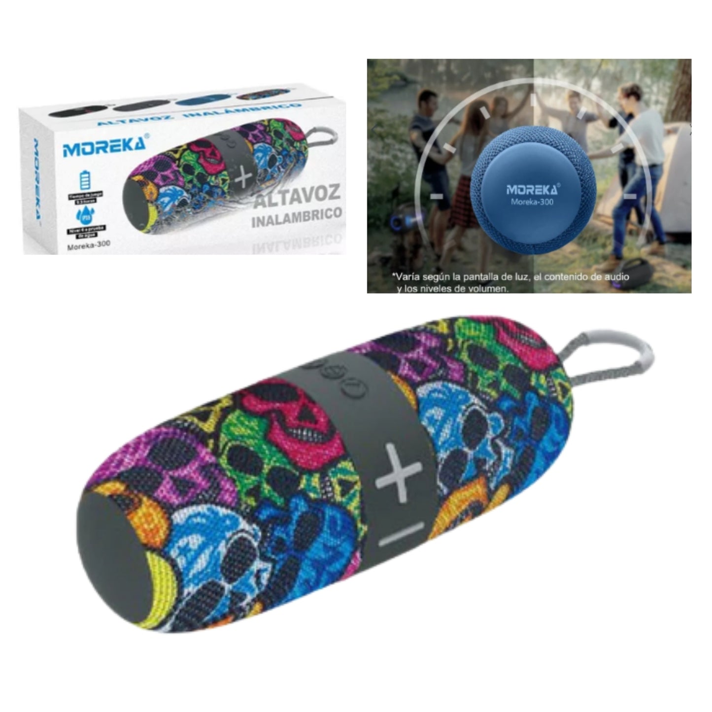 MOREKA-300 16W DE POTENCIA, RESISTENCIA IPX6, BATERÍA 1500MAH, DISEÑO CON AGARRADERA CON 1 PZ O CAJA CON 32 PZS