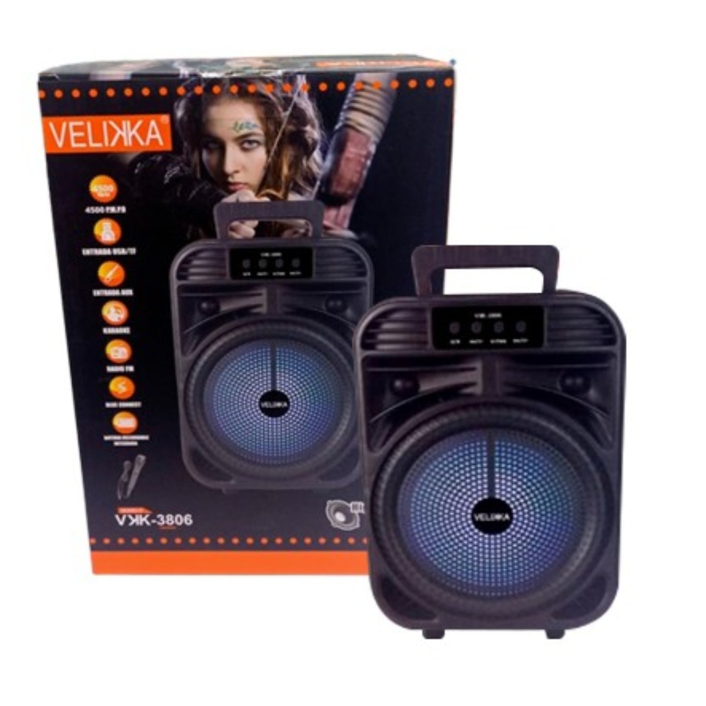 VKK-3806 BOCINA DOBLE 8 PULGADAS REPRODUCE USB SD FM BLUETOOTH FUNCIÓN TWS ENTRADA AUXILIAR ENTRADA MICRÓFONO ACCESORIOS MICRÓFONO ALAMBRICO CONTROL REMOTO ADAPTADOR