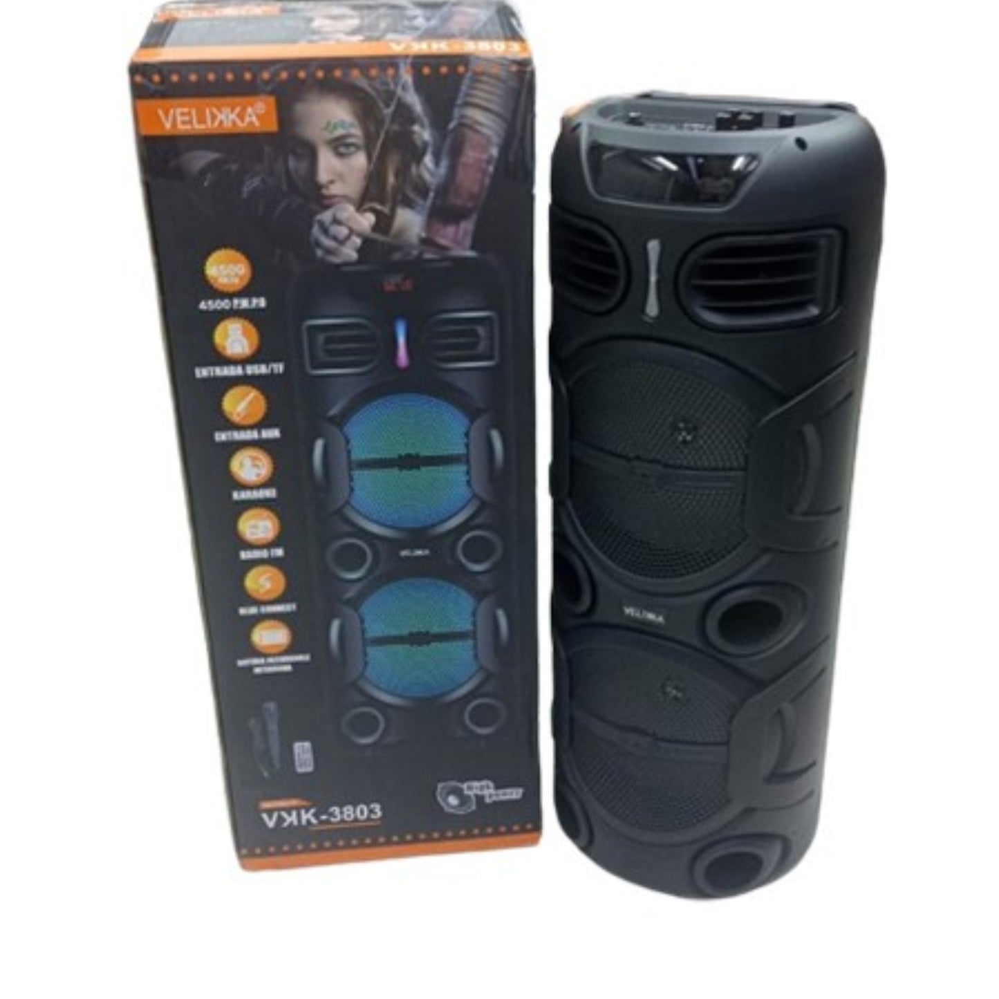 VKK-3803 BOCINA DOBLE 10 PULGADAS REPRODUCE USB SD AUX IN FM BLUETOOTH TWS CON LOS ACCESORIOS MICROFONO ALAMBRICO/CONTROL REMOTO/CARGADOR