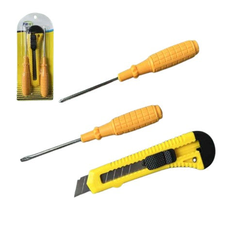 HA-1003 JUEGO DE DOS DESTORNILLADORES Y CUTTER CON UNA PZ O CAJA CON 180 PZS