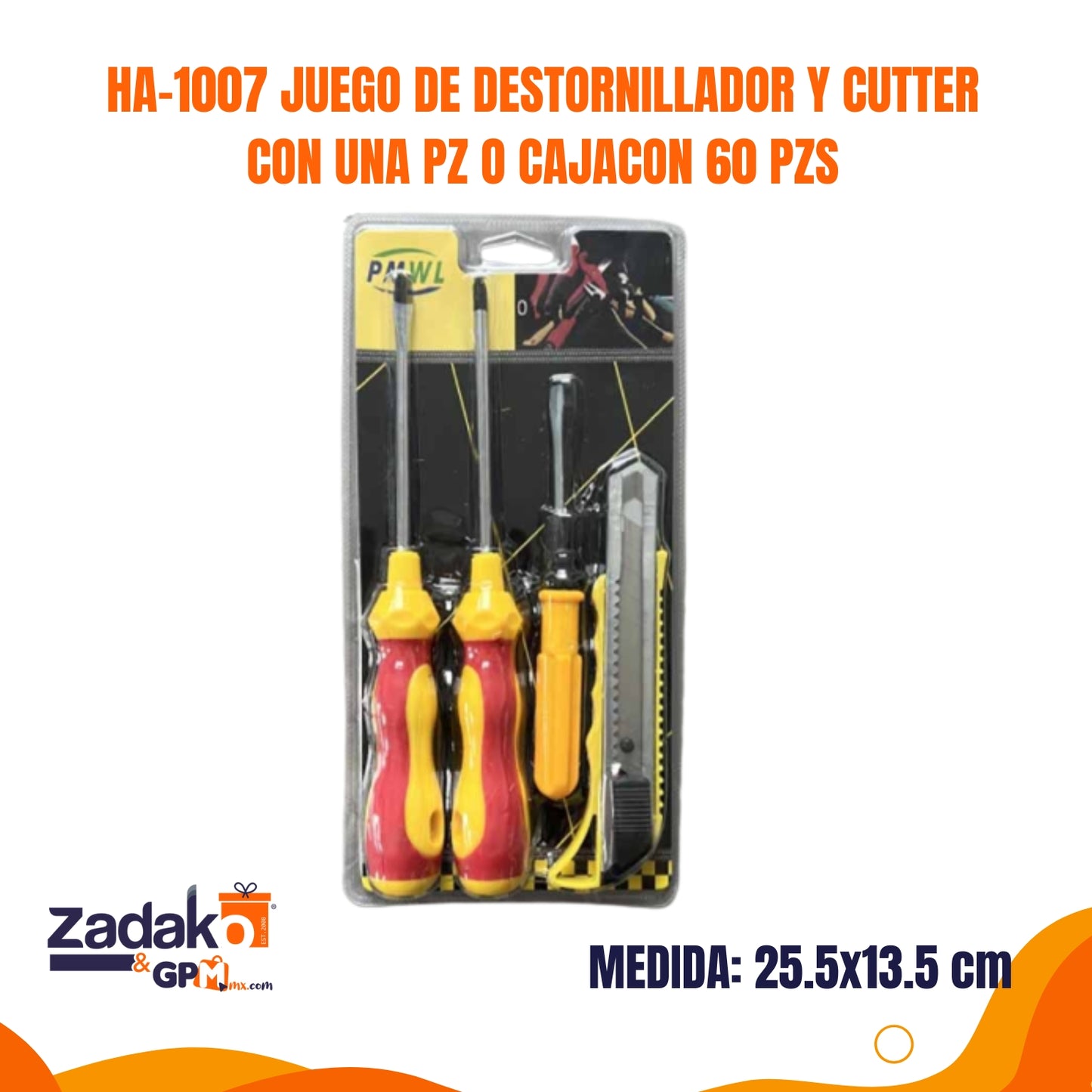 HA-1007 JUEGO DE DESTORNILLADOR Y CUTTER CON UNA PZ O CAJACON 60 PZS