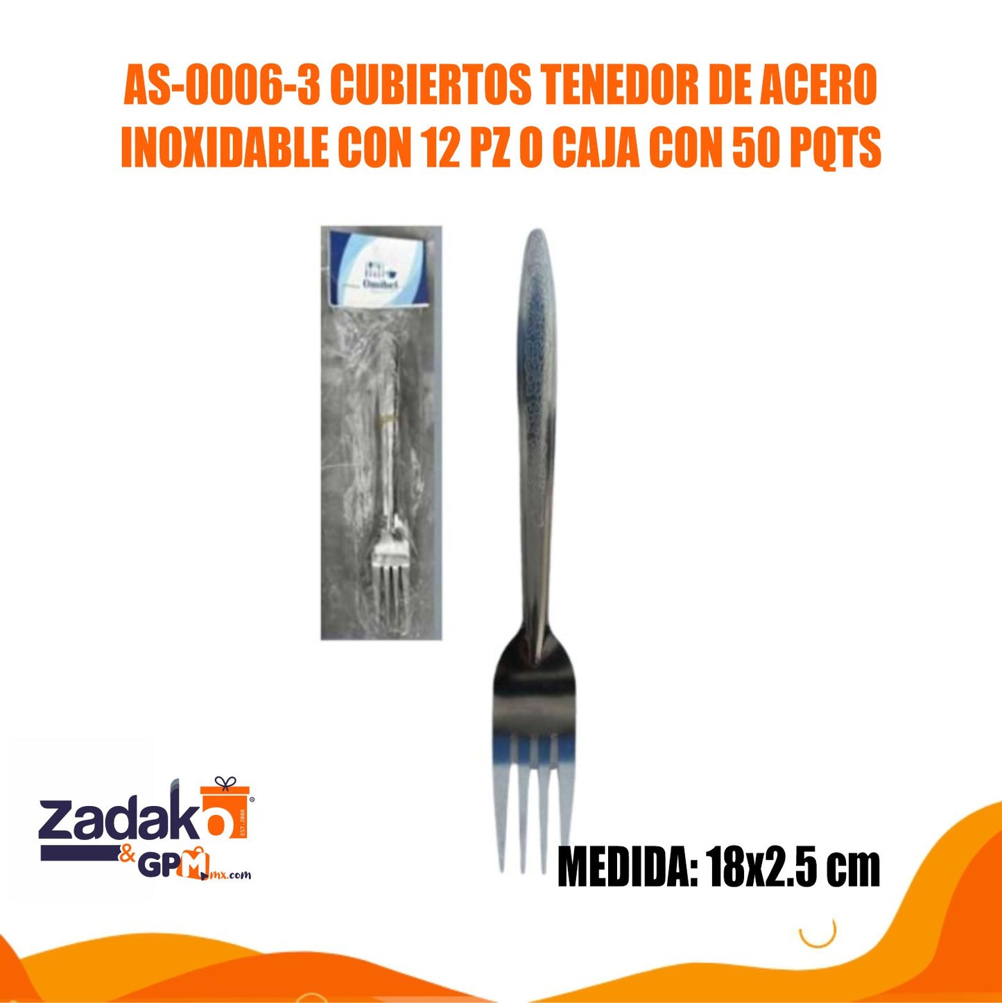 AS-0006-3 CUBIERTOS TENEDOR DE ACERO INOXIDABLE CON 12 PIEZAS O CAJA CON 50 PQTS
