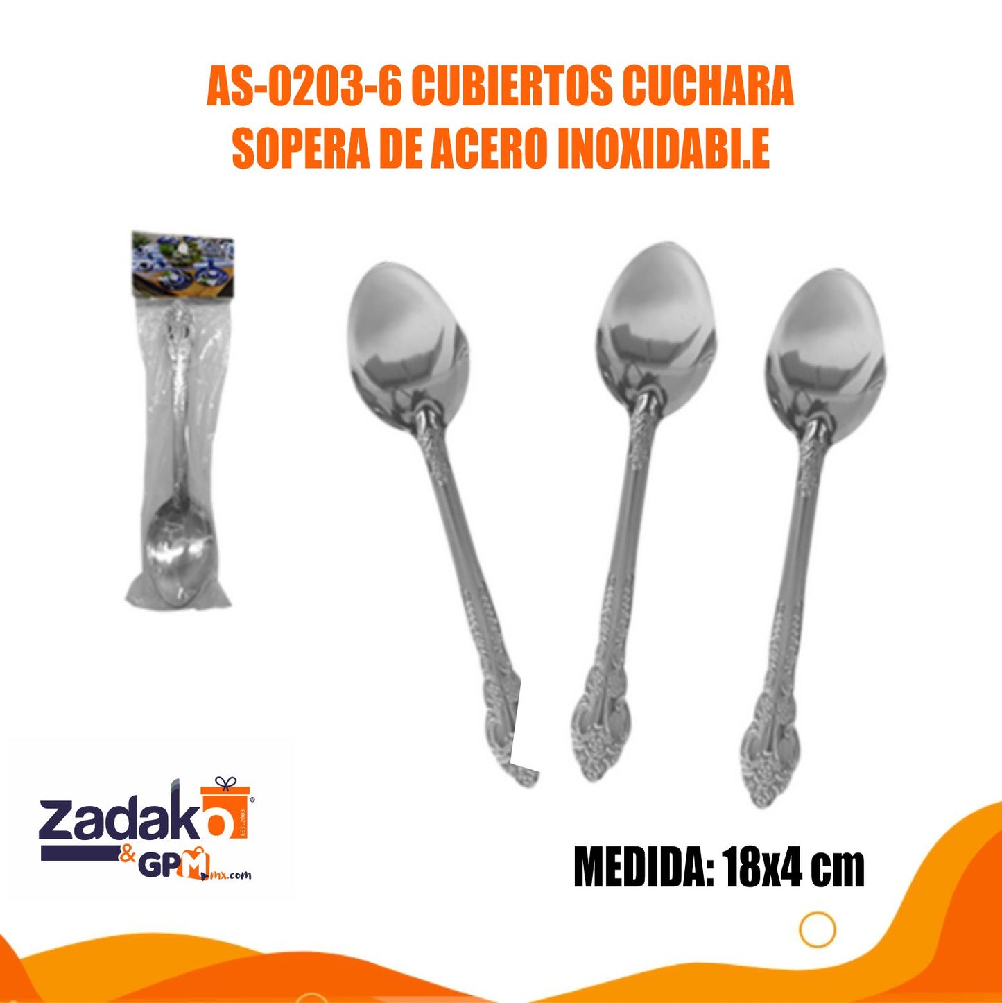 AS-0203-6 CUBIERTOS CUCHARA SOPERA DE ACERO INOXIDABI.E CON 12 PZ O CAJA CON 50 PQTS