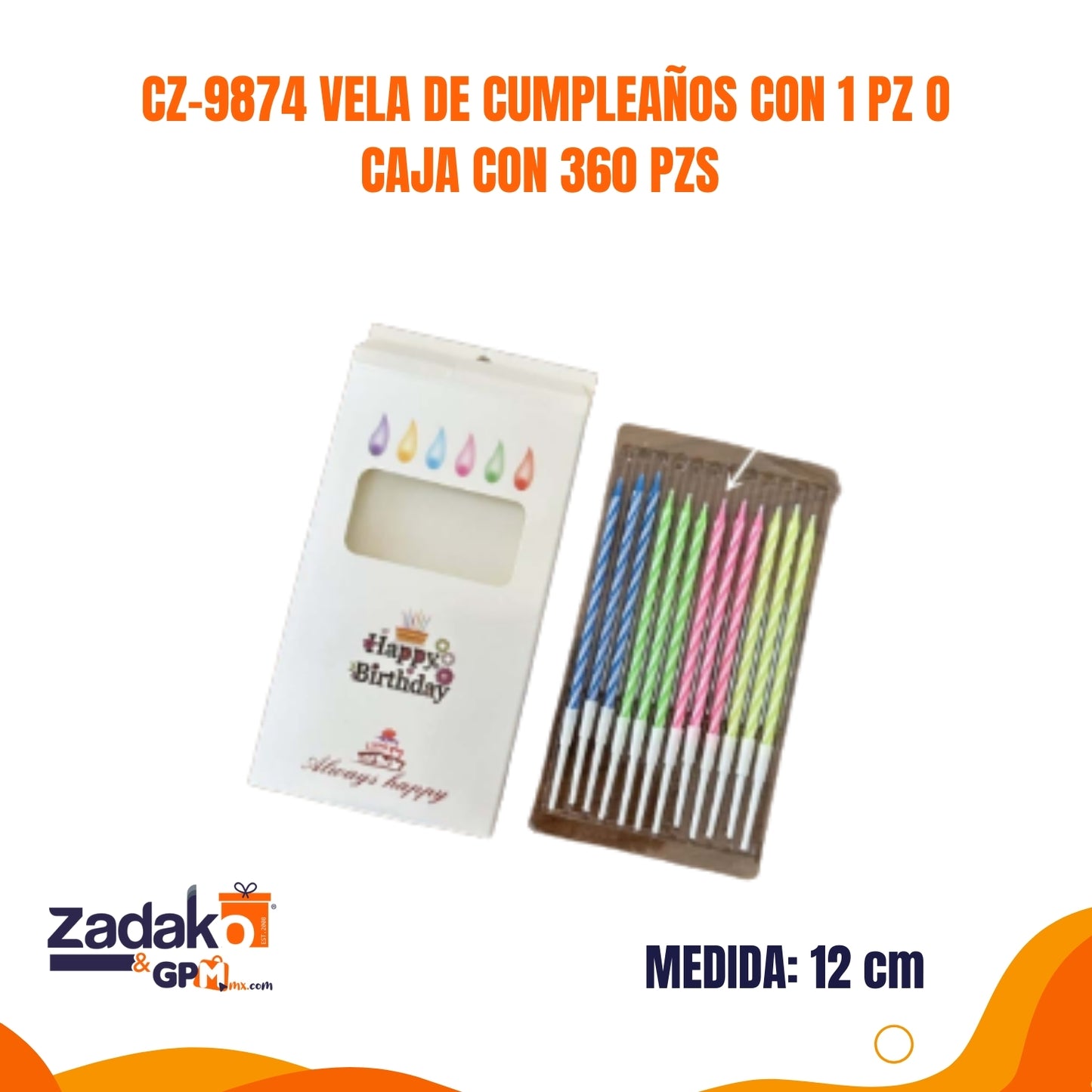 CZ-9874 VELA DE CUMPLEAÑOS CON 1 PZ O CAJA CON 360 PZS