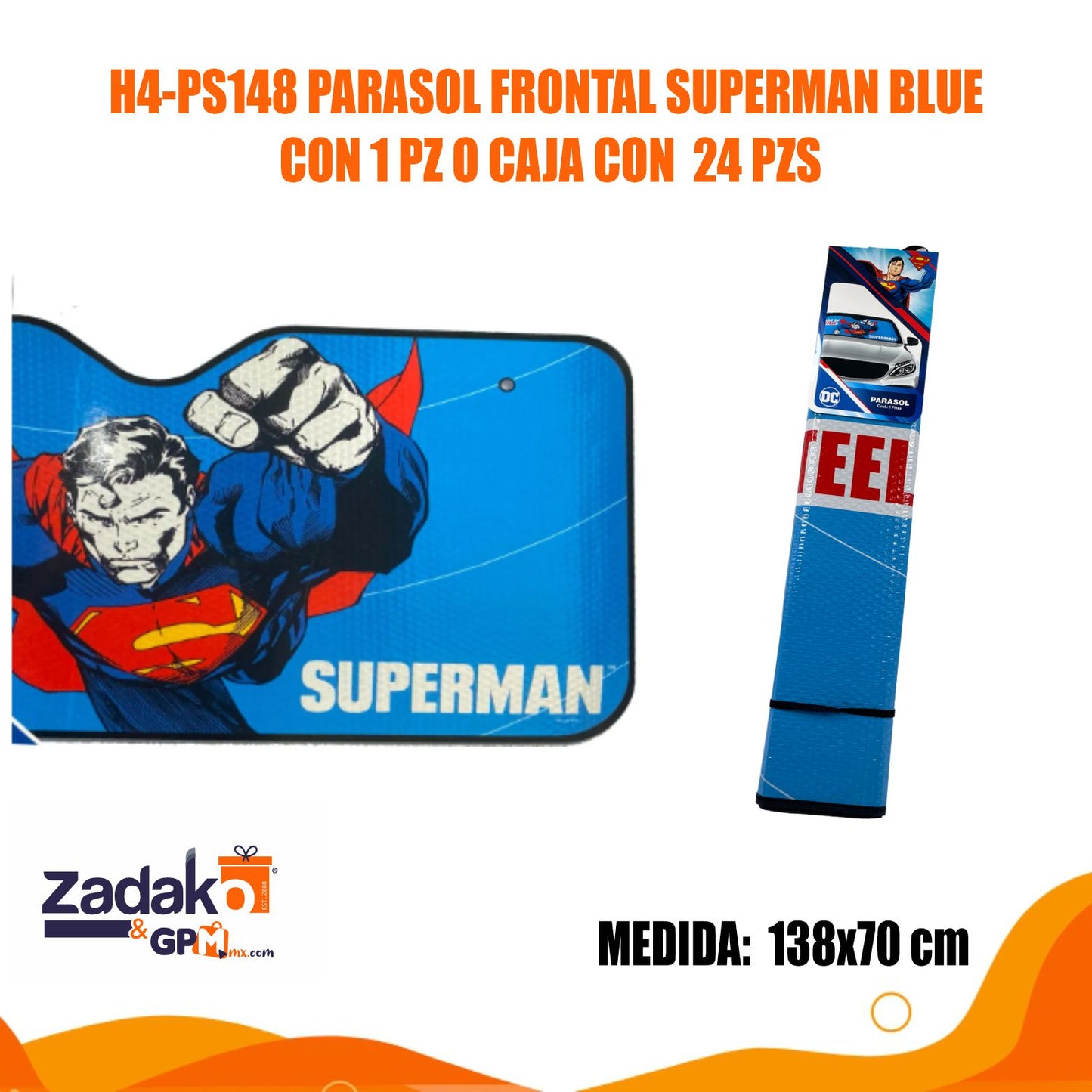 H4-PS148 PARASOL FRONTAL SUPERMAN BLUE CON 1 PZ O CAJA CON 24 PZS