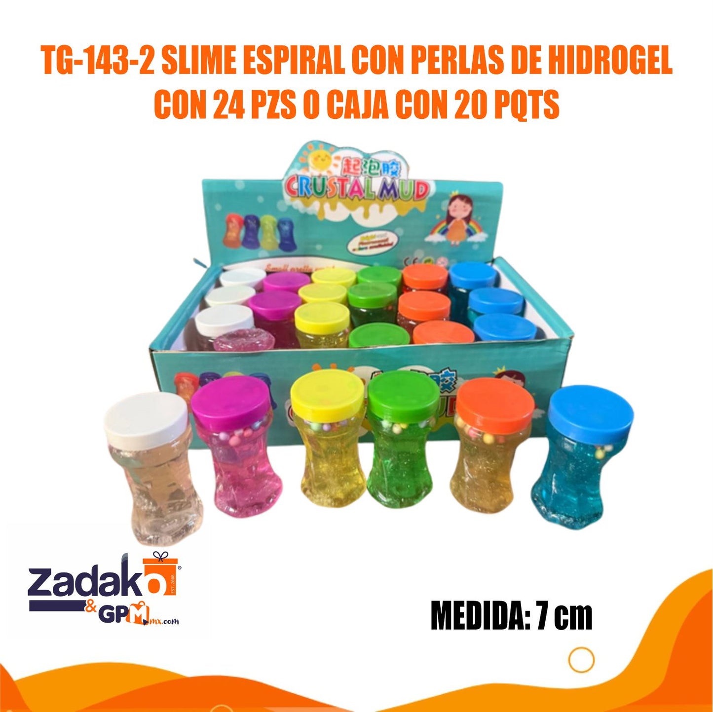 TG-143-2 SLIME ESPIRAL CON PERLAS DE HIDROGEL CON 24 PZS O CAJA CON 20 PQTS