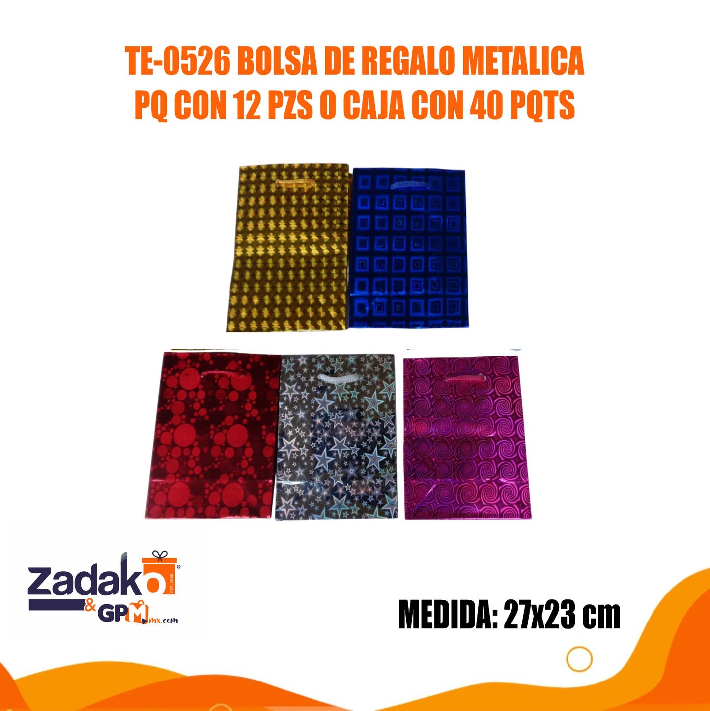 TE-0526 BOLSA DE REGALO METALICA 27 X 23 CM PQ CON 12 PZS O CAJA CON 40 PQTS