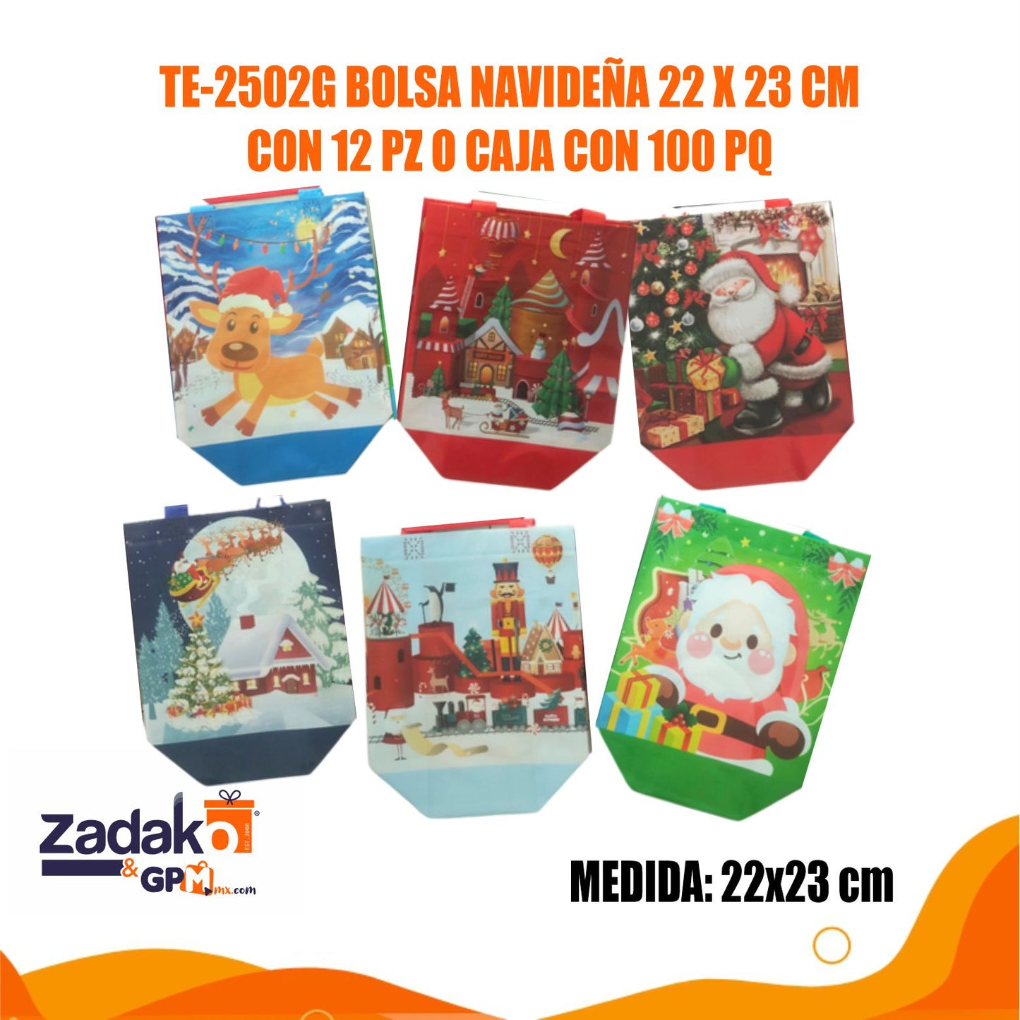 TE-2502G BOLSA NAVIDEÑA 22 X 23 CM CON 12 PZ O CAJA CON 100 PQTS