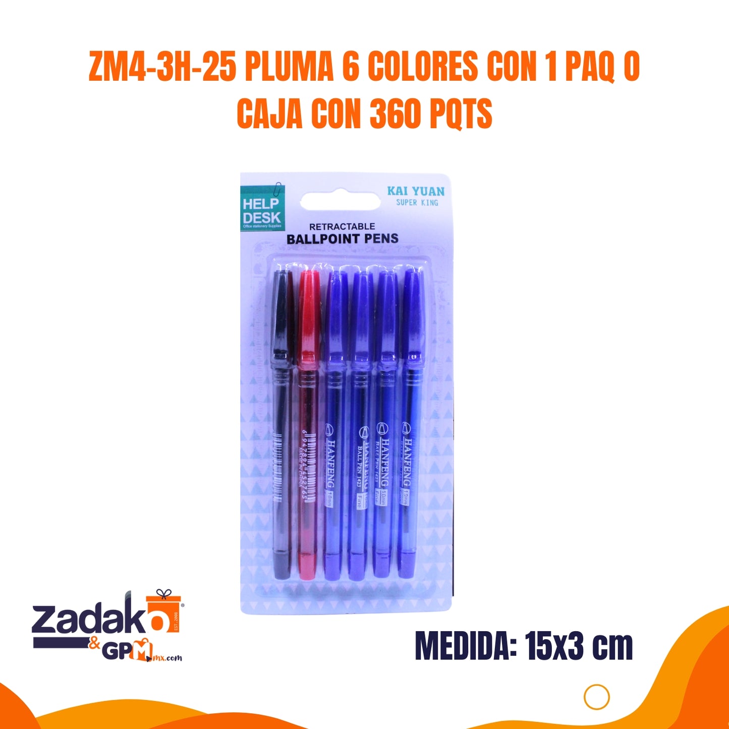ZM4-3H-25 PLUMA 6 COLORES CON 1 PAQ O CAJA CON 360 PQTS