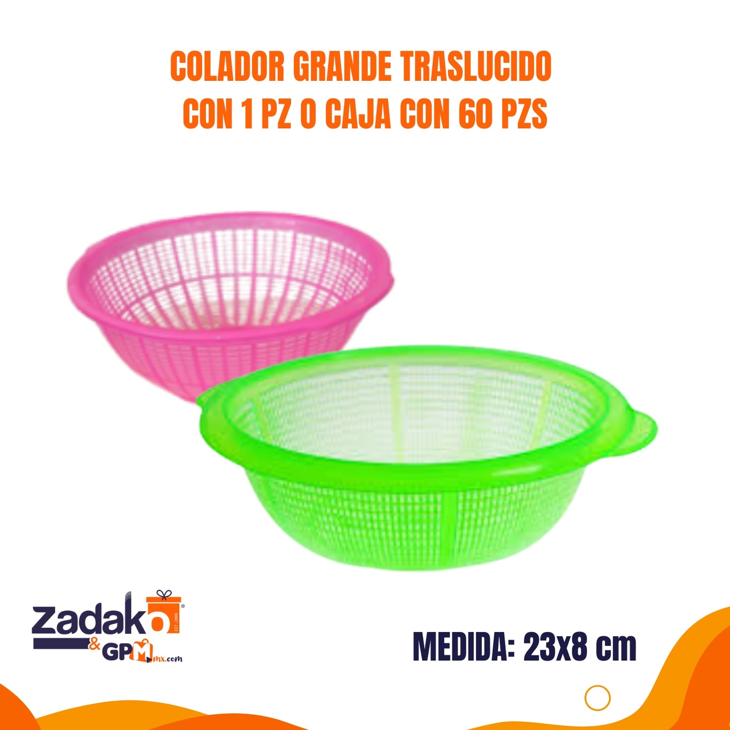 N-GPM-14614 COLADOR GRANDE TRASLUCIDO CON 1 PZ O CAJA CON 60 PZS